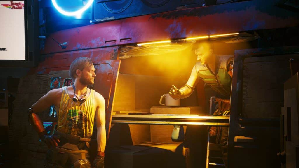 A screenshot of two NPCs talking under a yellow light in Cyberpunk 2077.
