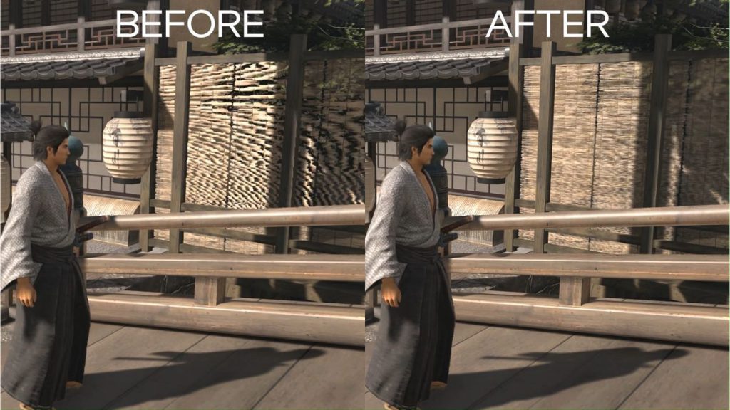 A still from a short clip showing the difference in image quality using Intel XeSS 1.3, with a samurai walking past a bamboo wall